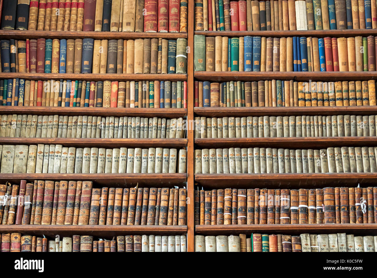 Background of old vintage books on wooden bookshelf in a library Stock Photo