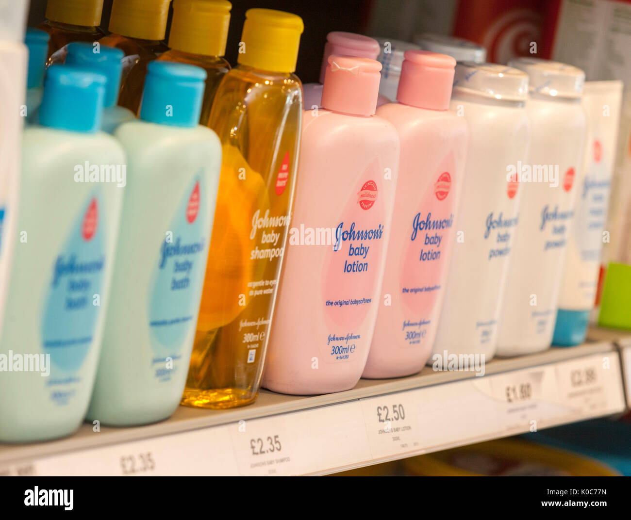 Johnsons baby products on sale in a pharmacy, talcum powder,baby powder,baby bath,baby lotion. Chemist shop. Stock Photo