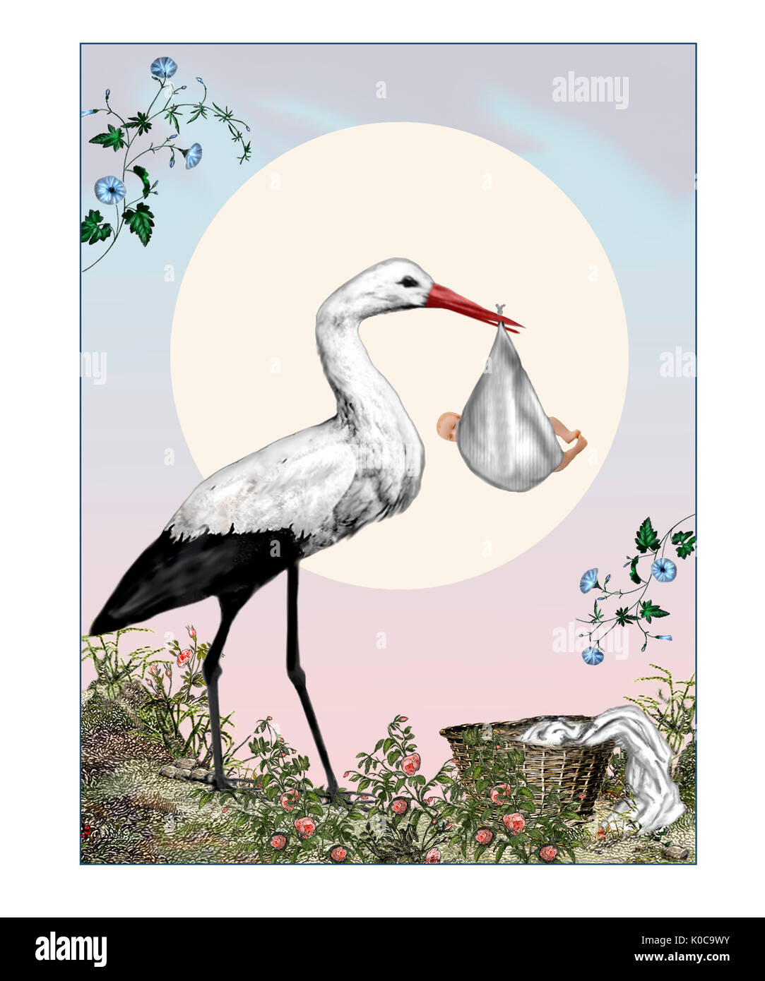 Design new-born baby, Stork with Baby, New Arrival Stock Photo
