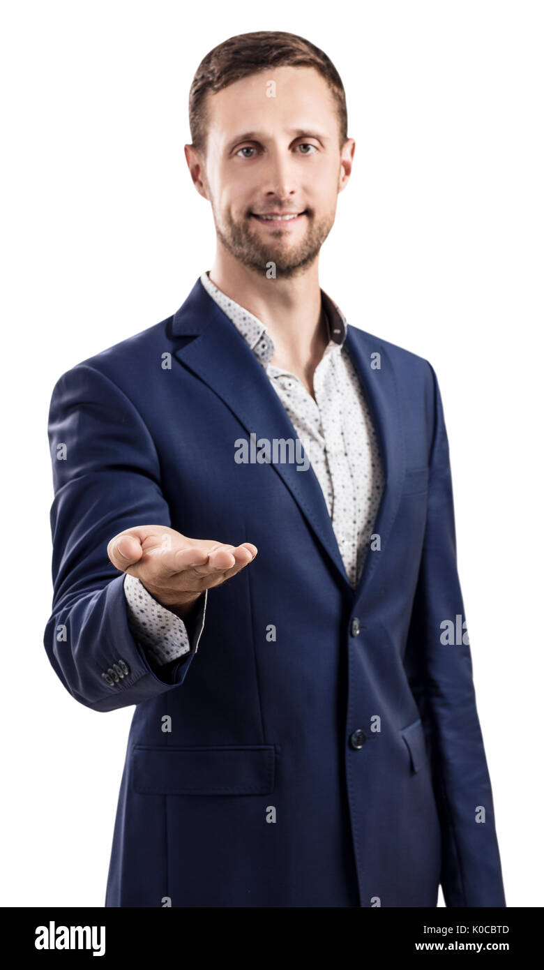Man shows outstretched hand with open palm. Stock Photo