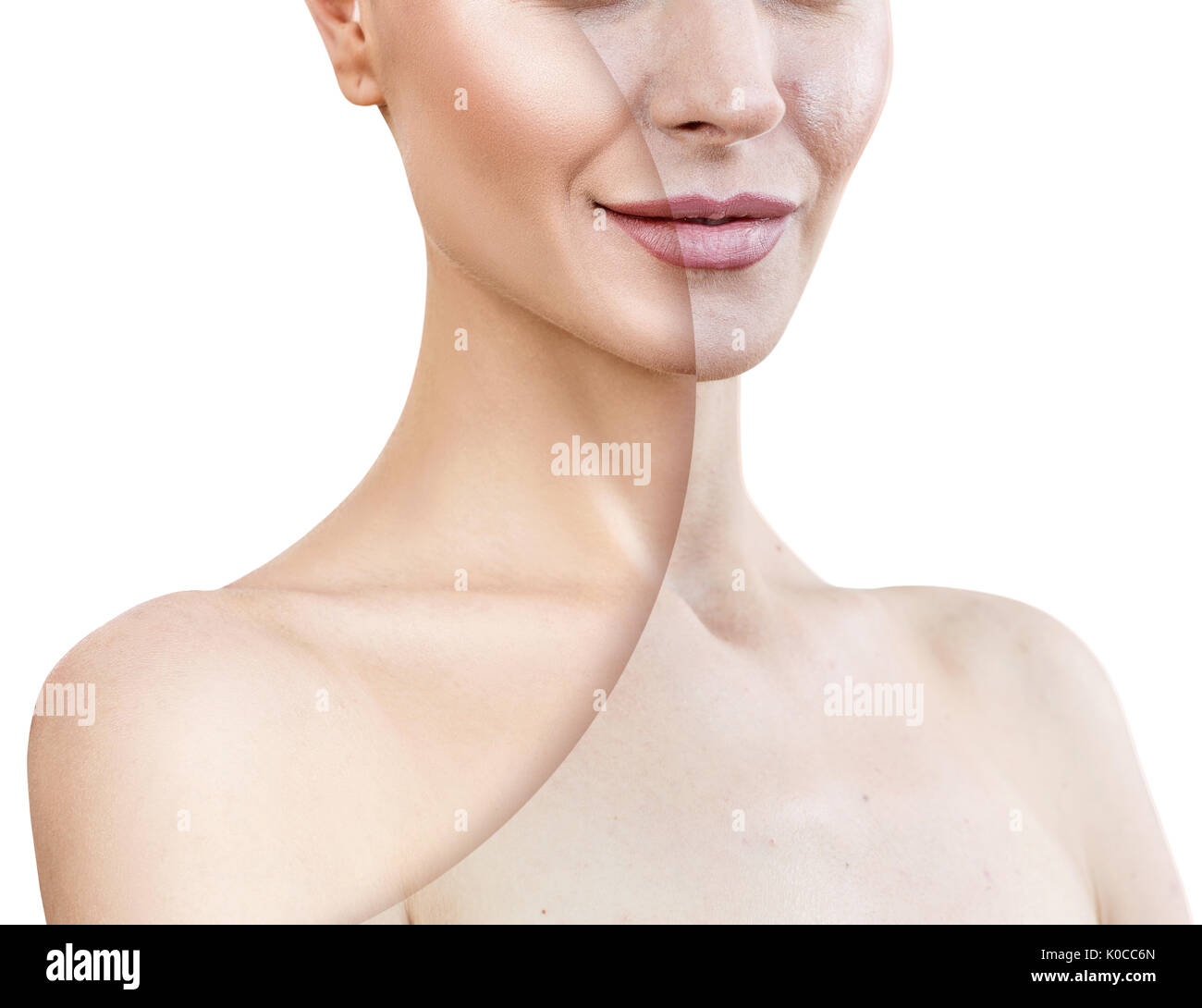 young woman before and after retouch Stock Photo