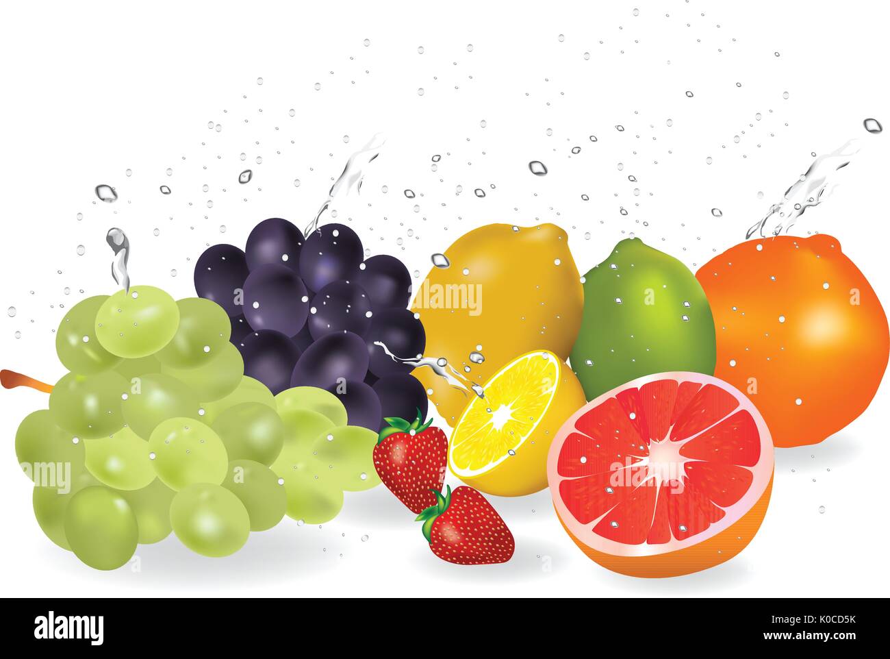 Fresh healthy fruit background with splashing water Stock Vector