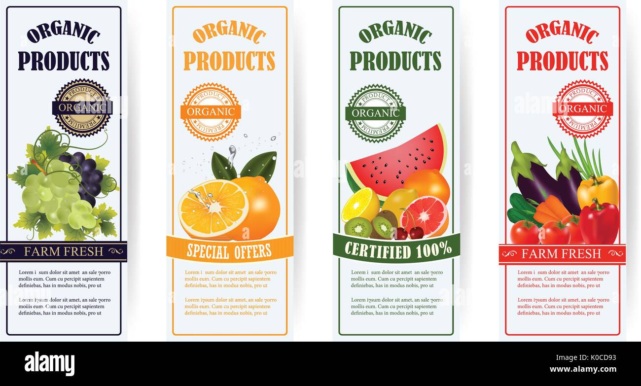 Healthy food  banners set.Fresh fruit and vegetable.Vector illustration with vegetable and fruit Stock Vector