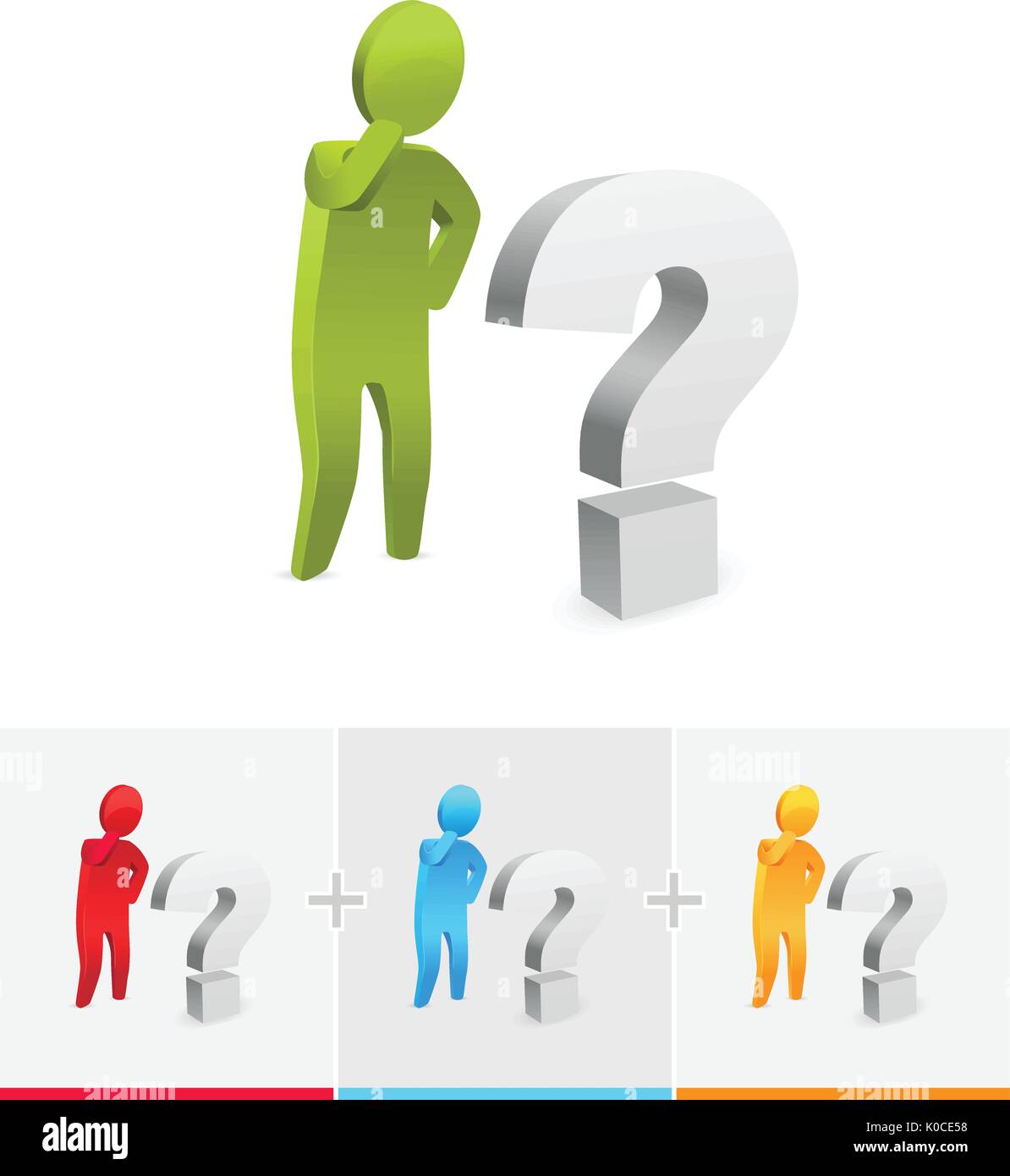 3D vector stick figure  thinking and standing next to question mark Stock Vector