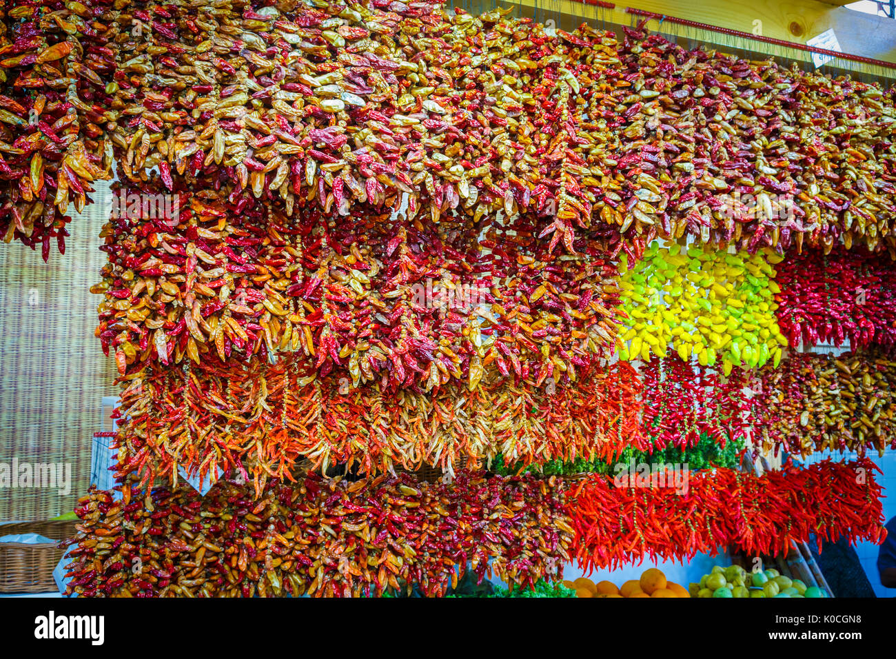Hanging dry peppers. Fruits and vegetables stall Stock Photo - Alamy