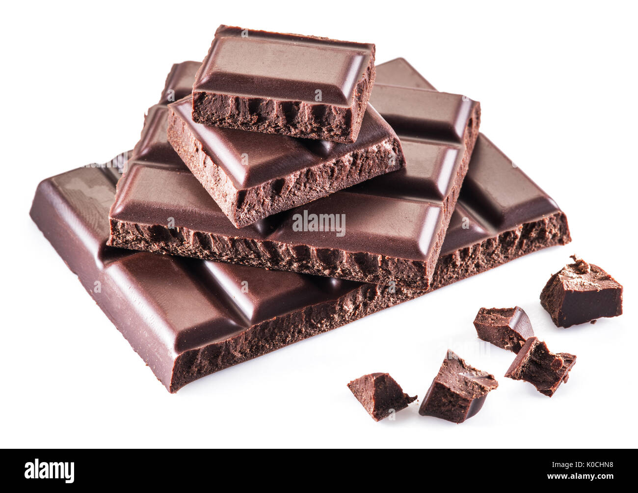 Pieces of chocolate bar isolated on a white background. Stock Photo