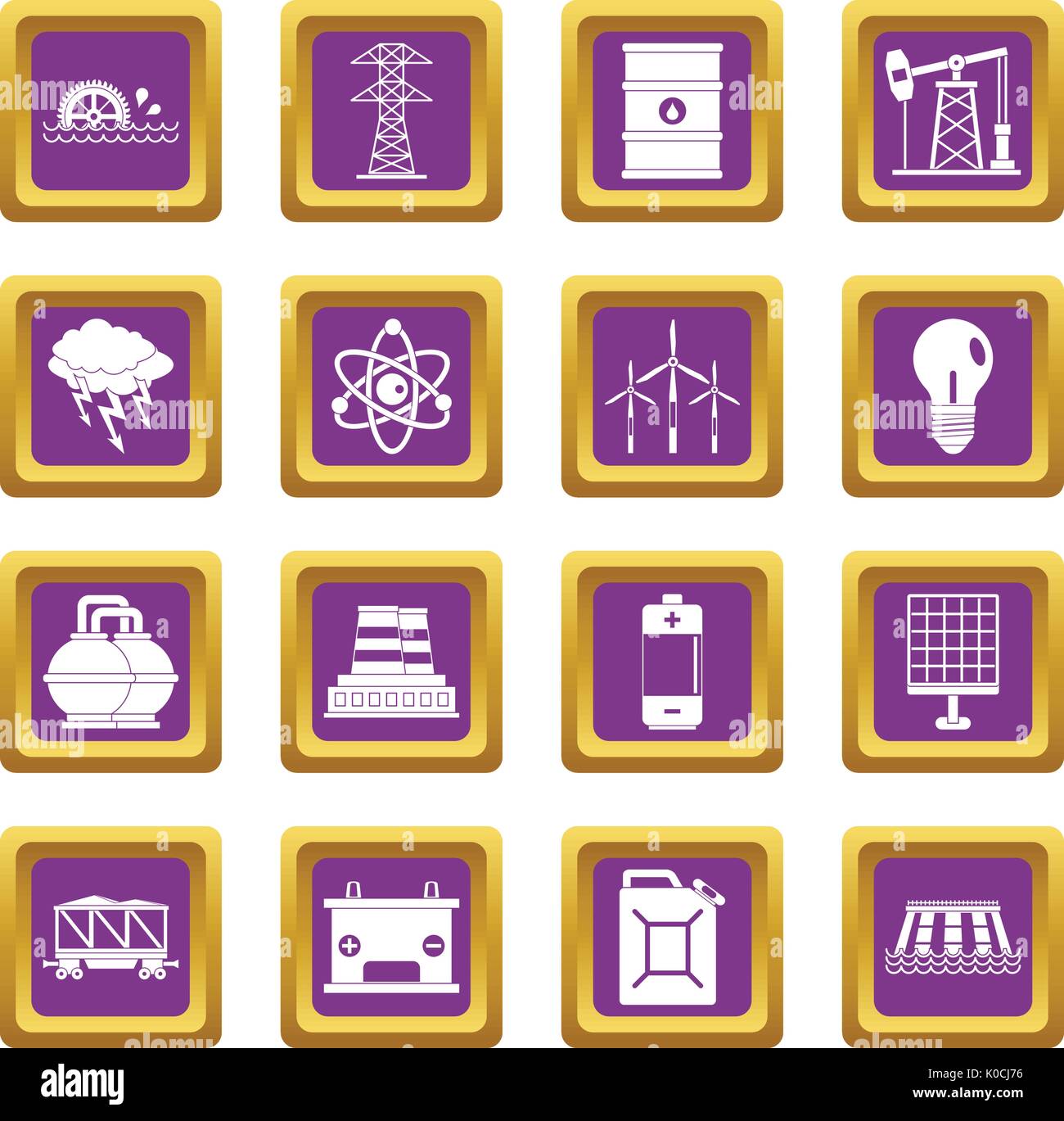 Energy sources items icons set purple Stock Vector