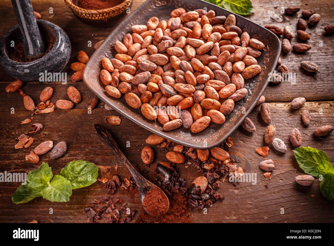 Organic cocoa beans. Ingredient for preparation chocolate Stock Photo