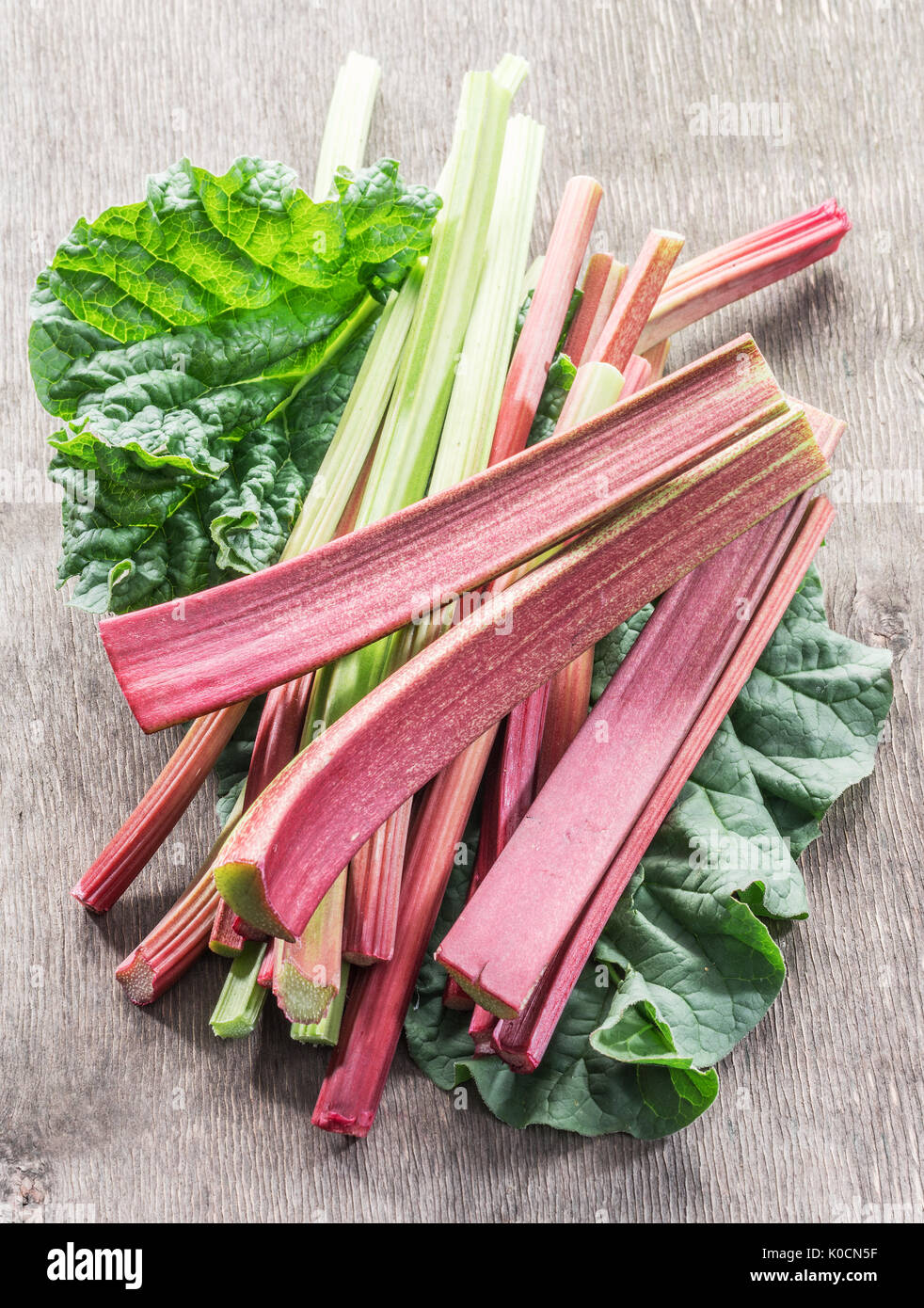 Edible rhubarb stalks on the wooden table. Stock Photo