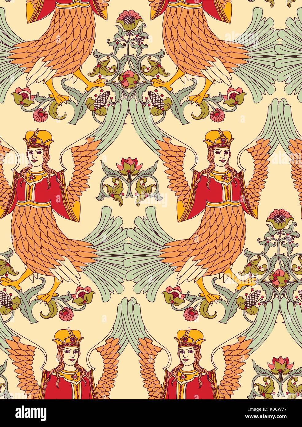 Old Slavic vintage ornament bird seamless pattern. Stock Vector