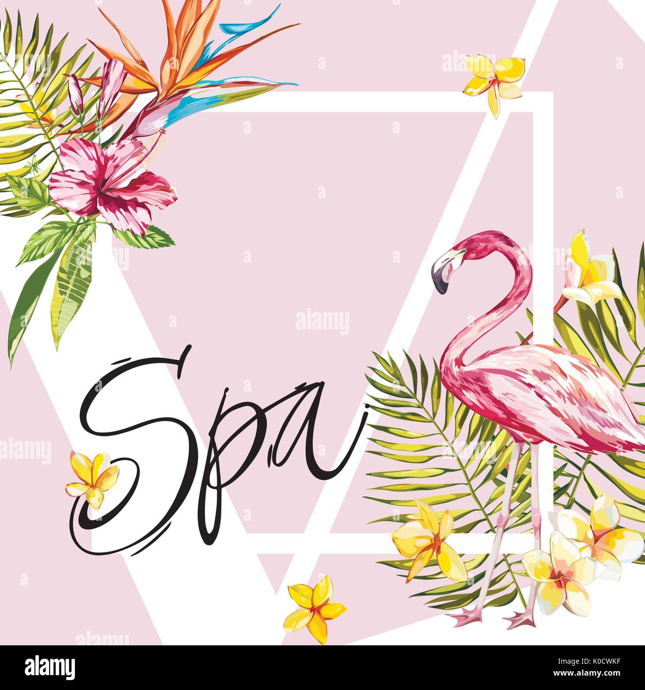 Banner, poster with flamingo, palm leaves, jungle leaf. Beautiful vector floral tropical summer background. Lettering composition - Spa. EPS 10 Stock Vector