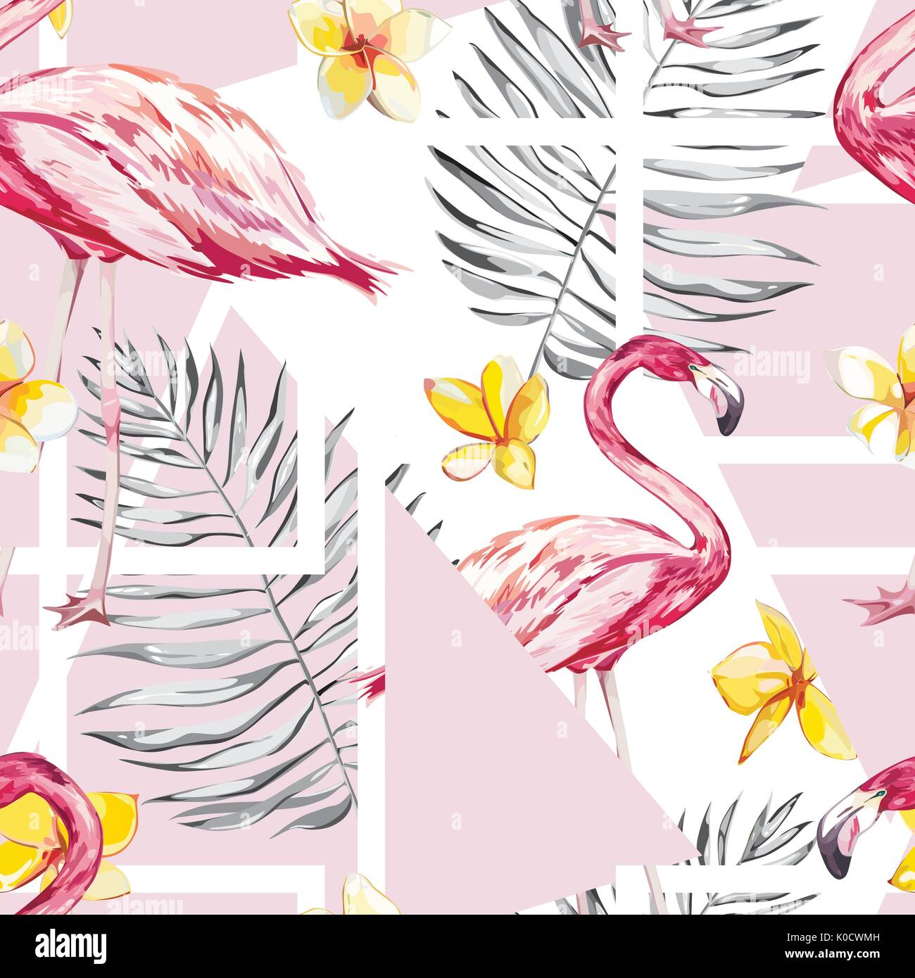 Seamless pattern with tropical Flamingo and flowers. Element for design of invitations, movie posters, fabrics and other objects. Isolated on white. Geometry set. Vector EPS 10 Stock Vector