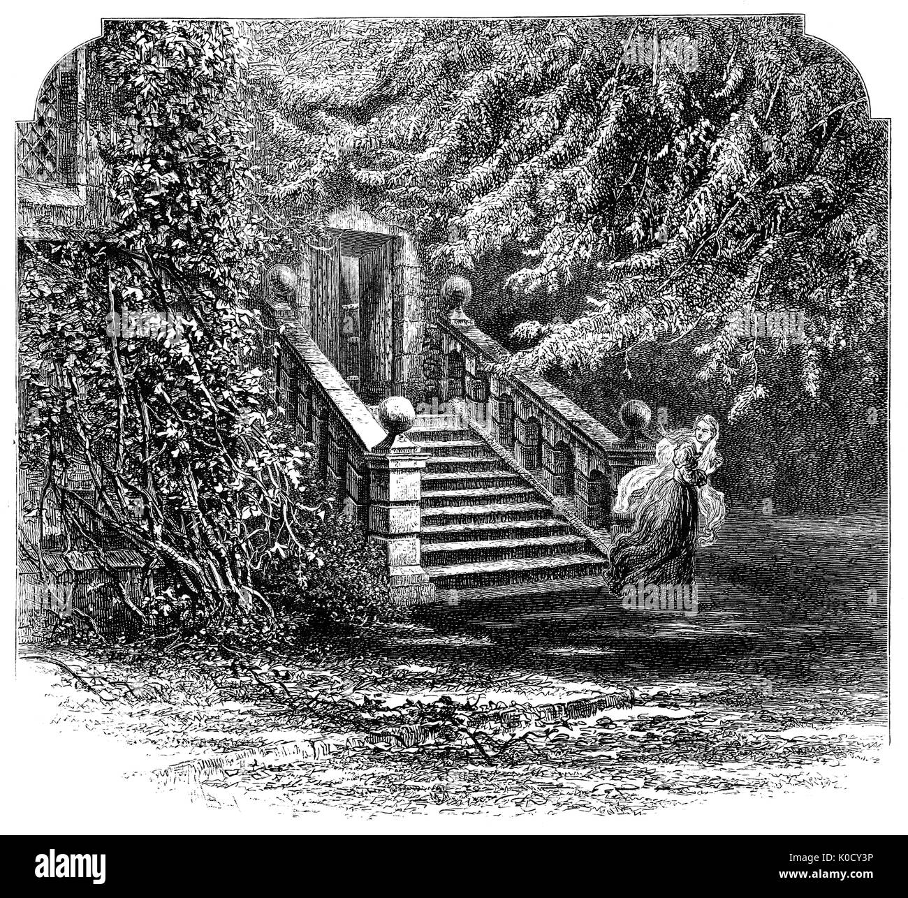 1870: Dorothy Vernon leaving by the side entrance of  Haddon Hall after falling in love with John Manners, son of the first Earl of Rutland in the 16th Centuty. Her father, Sir George,  disapproved  because the Manners were Protestants, and the Vernons were Catholics. Shielded by the crowd during a ball given by Sir George, Dorothy slipped away and fled through the gardens, down stone steps and over a footbridge where Manners was waiting for her. They eloped and married and the story has been featured in literature and film. The Hall is near Bakewell, Derbyshire, England Stock Photo