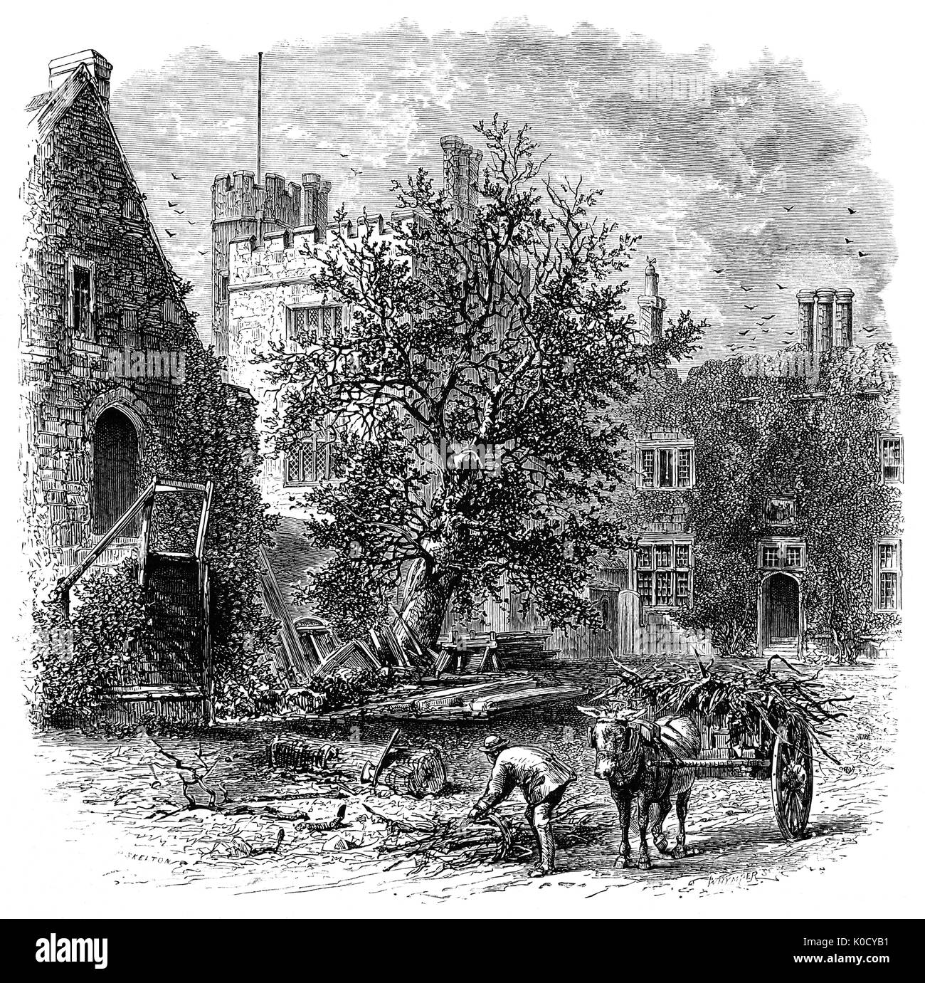 1870: Gathering wood at Penshurst Place built in 1341, is a historic building near Tonbridge, Kent, England. It is the ancestral home of the Sidney family, and was the birthplace of the great Elizabethan poet, courtier and soldier, Sir Philip Sidney. The original medieval house is one of the most complete surviving examples of 14th-century domestic architecture in England. Stock Photo