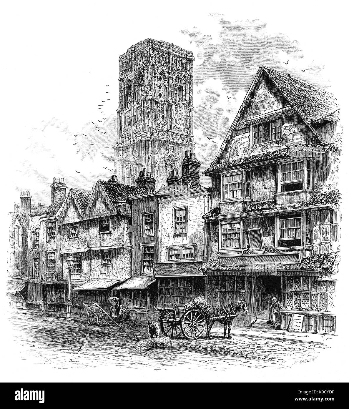 1870: A sketch of Temple Street in Bristol, virtually unchanged since the days of Queen Elizabeth I. Flemish weavers, brought to England by King Edward III settled there, and thrived until the cloth trade moved north. Stock Photo