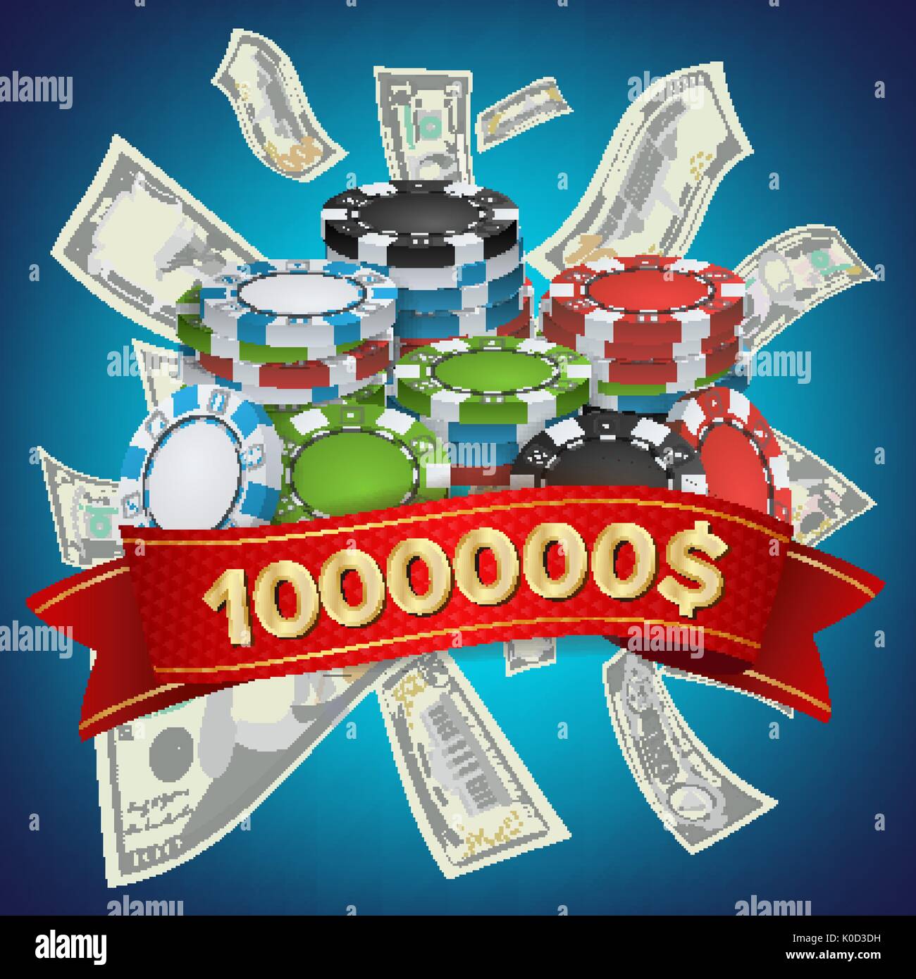 Casino Winner Background Vector. Poker Chips. Cash Winning Prize Money