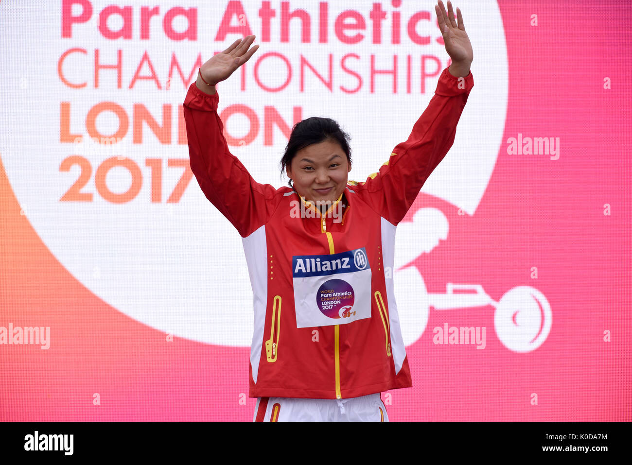 Juan Yao gold medal winner at the medal ceremony for the F44 discus at the World Para Athletics Championships, London Stock Photo
