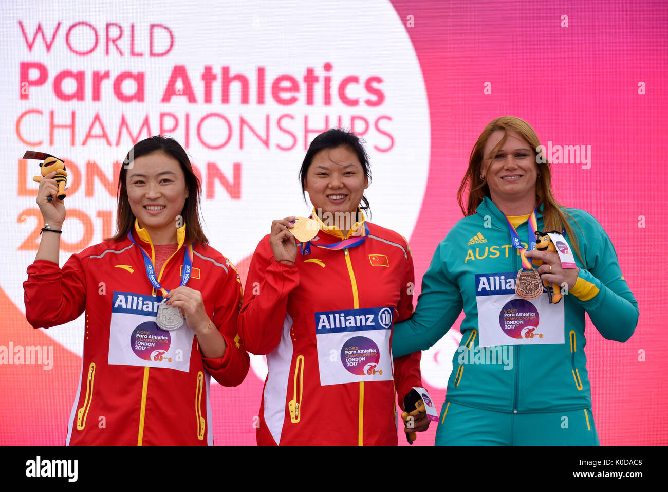 Juan Yao, Yue Yang and Sarah Edmiston medalists at the medal ceremony for the F44 discus at the World Para Athletics Championships, London Stock Photo