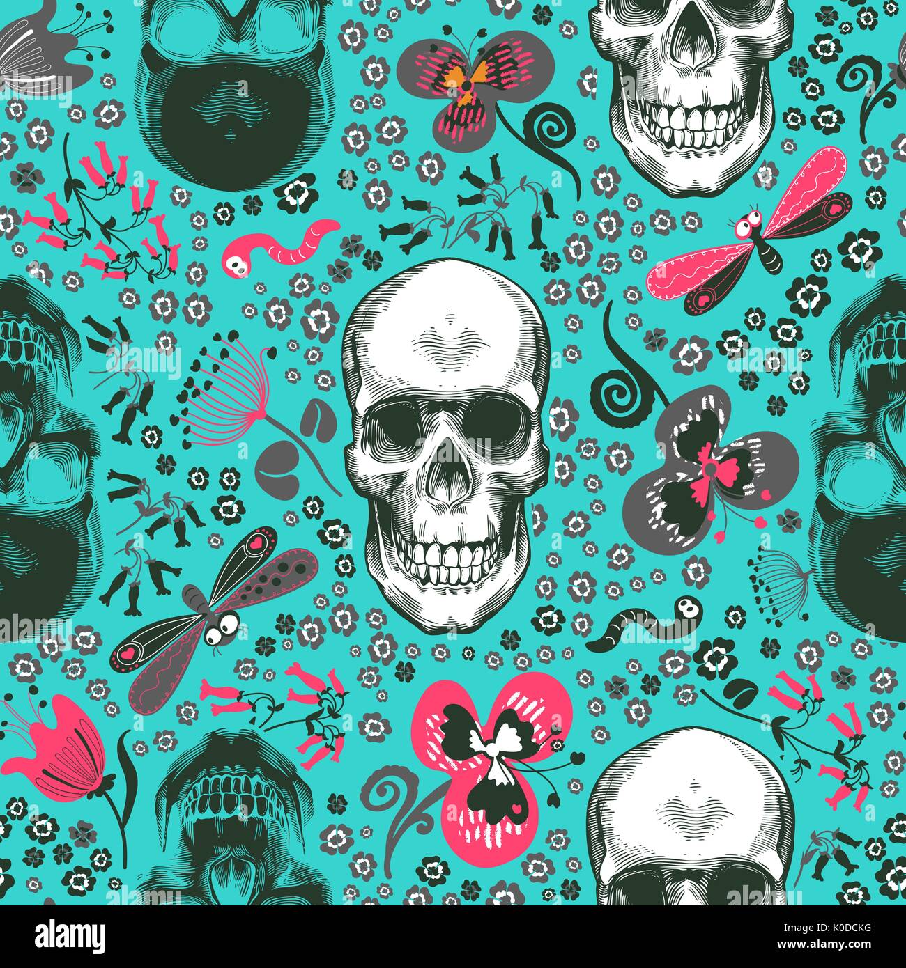 Lovely seamless pattern with human skulls drawn in etching style, pink, gray and black flowers and cartoon insects against blue background. Vector illustration for print, wallpaper, wrapping paper. Stock Vector