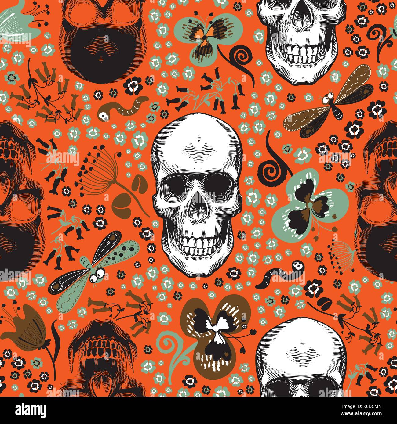 Cute seamless pattern with human skulls drawn in vintage engraving style, cartoon green and brown flowers, butterflies and worms against orange background. Vector illustration for textile print. Stock Vector