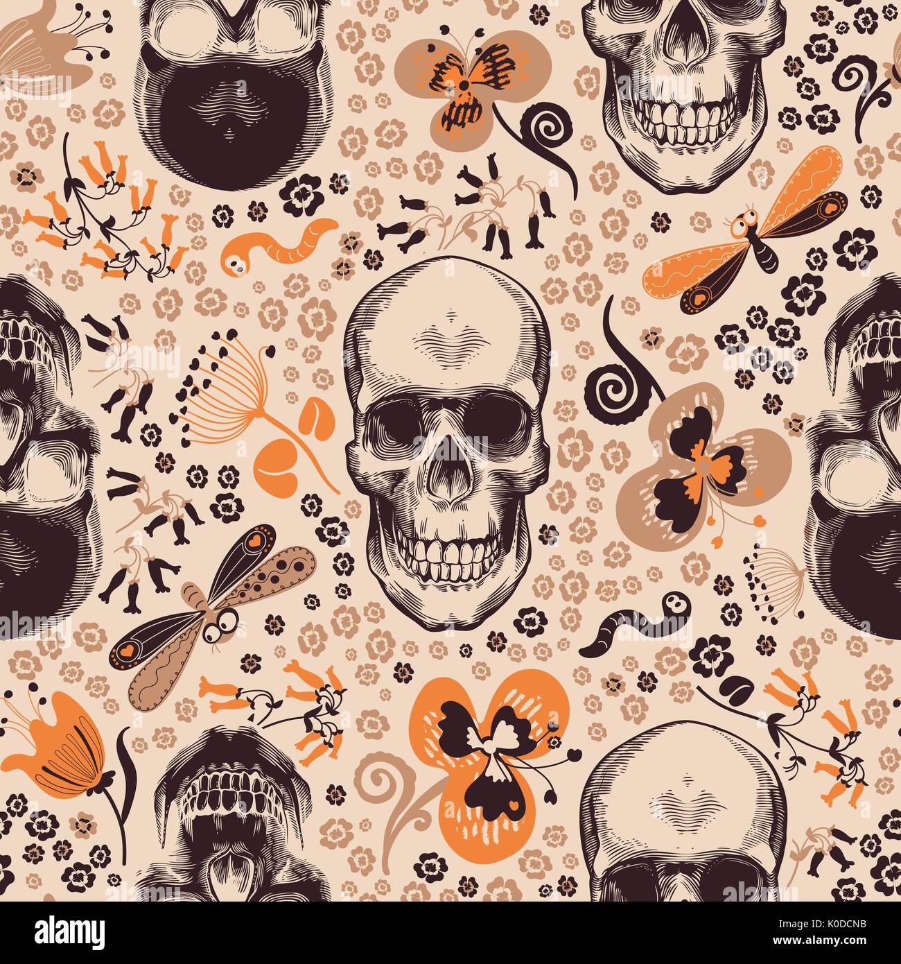 Gorgeous floral seamless pattern with skeleton skulls drawn in retro woodcut style, cartoon orange and brown flowers and funny insects against beige background. Vector illustration for fabric print. Stock Vector