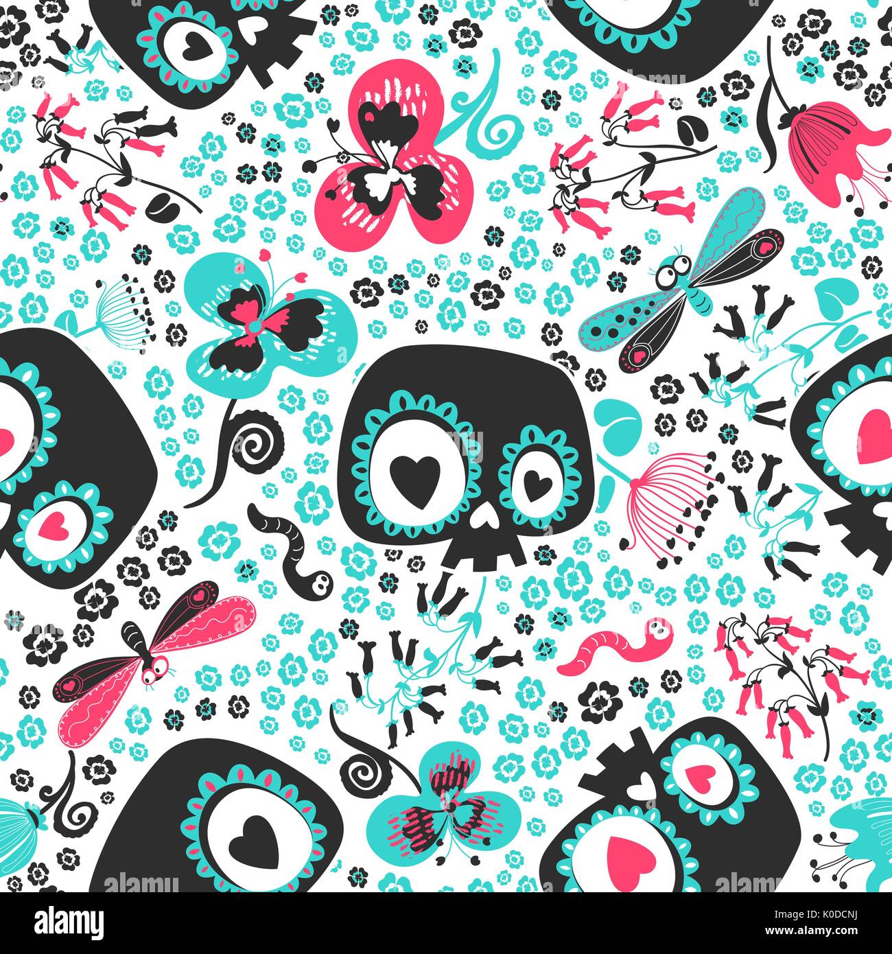 Beautiful seamless pattern with cute cartoon heart-eyed skeleton skulls, turquoise and pink meadow flowers, butterflies and worms against white background. Vector illustration for wrapping paper. Stock Vector