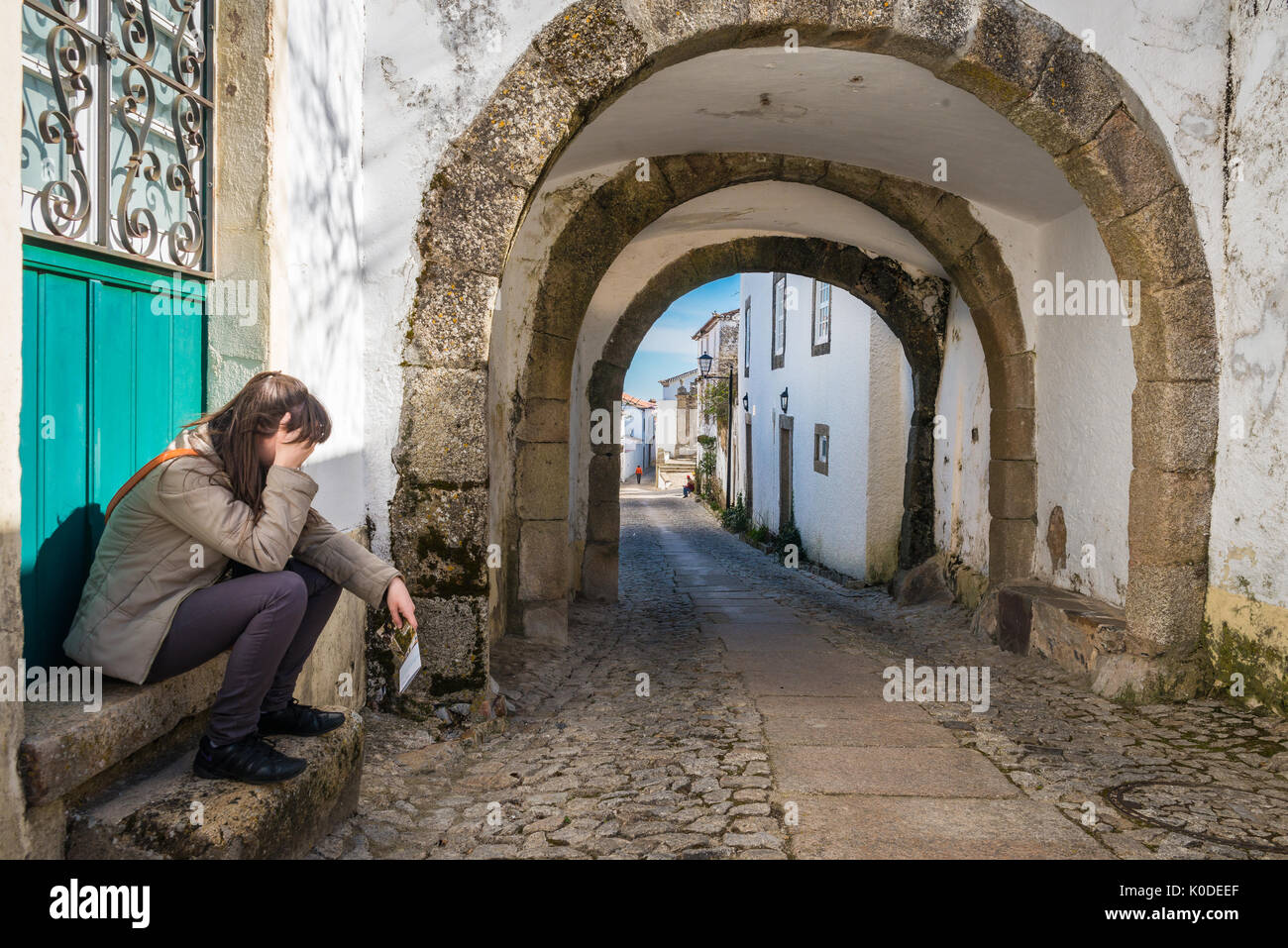 Portrait of young girl lost in travel. Turist lost Stock Photo