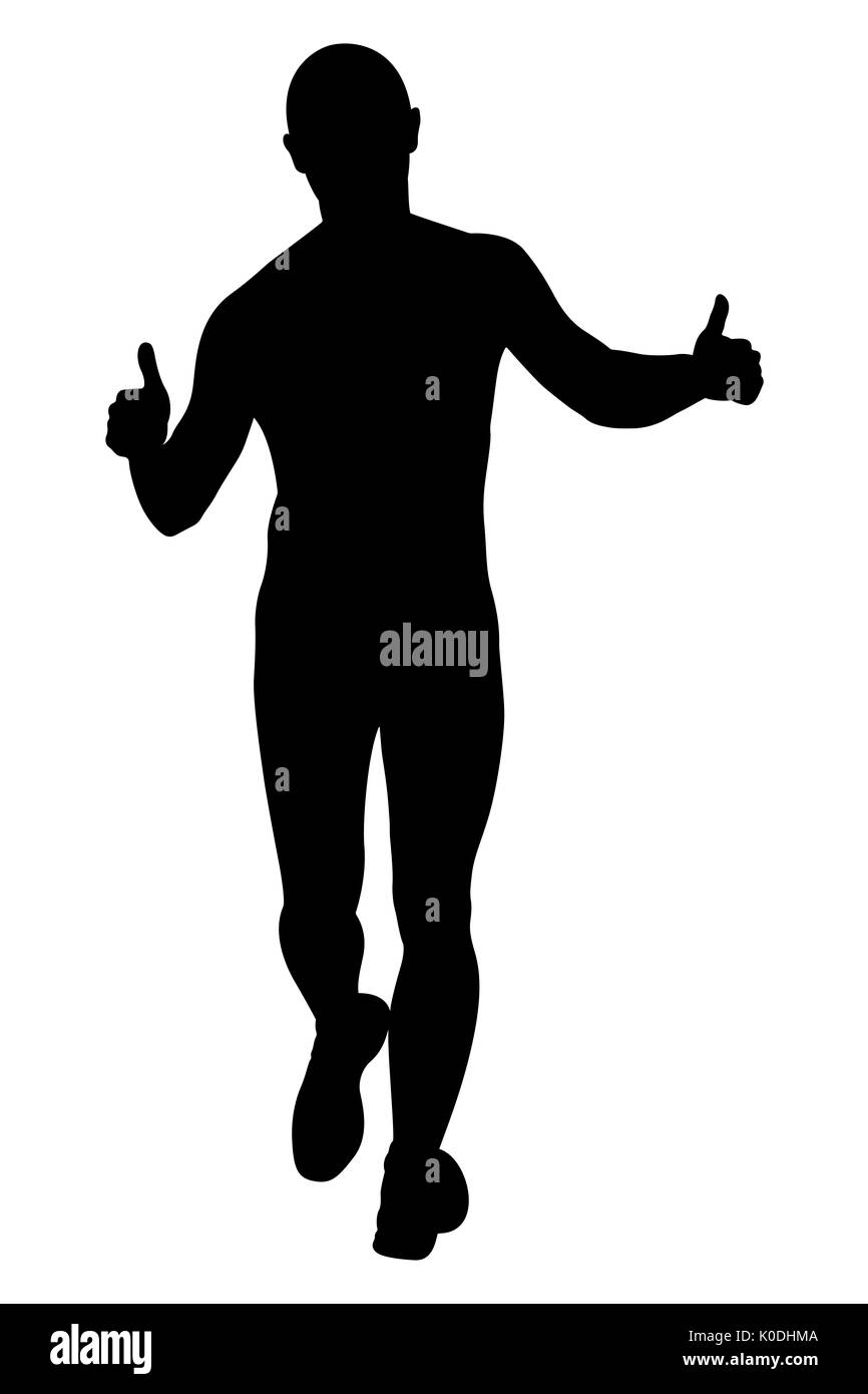 male runner running thumb up black silhouette Stock Photo