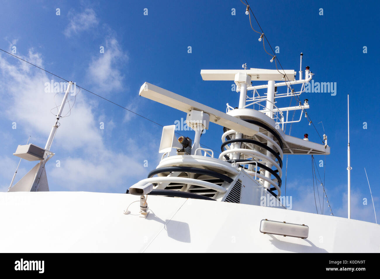 Radar and communications equipment on cruise ship Stock Photo