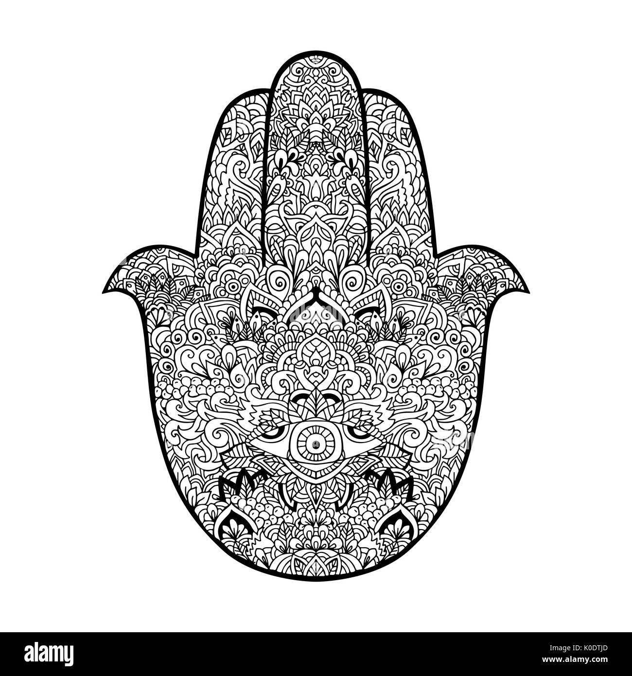 Hamsa hand drawn symbol. Fatima hand pattern. Vector illustration. Indian mandala ornament for adult coloring books. Asian pattern. Black and white authentic background. Stock Vector