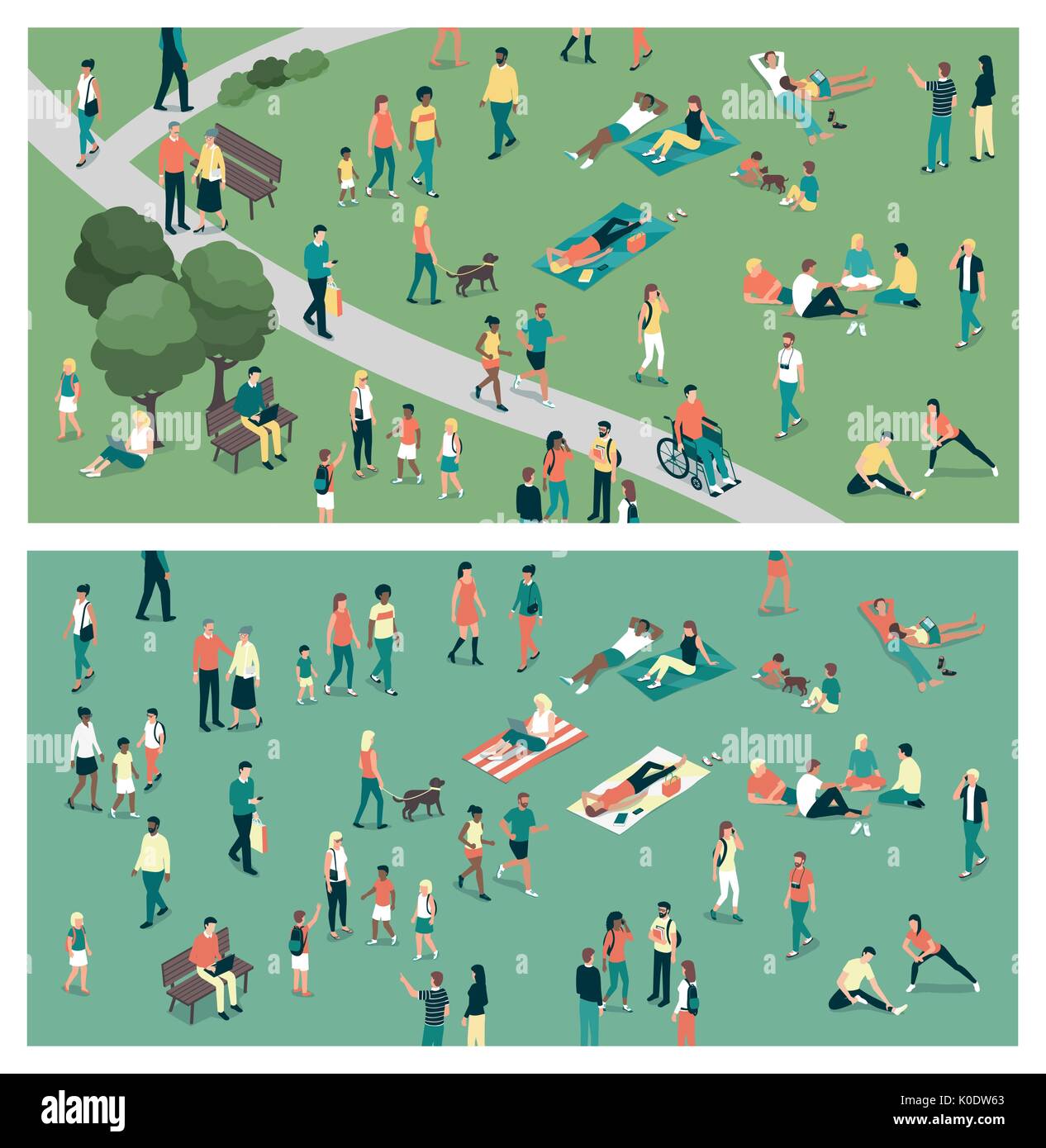 People gathering in the city urban park and relaxing in nature together, community and lifestyle concept Stock Vector