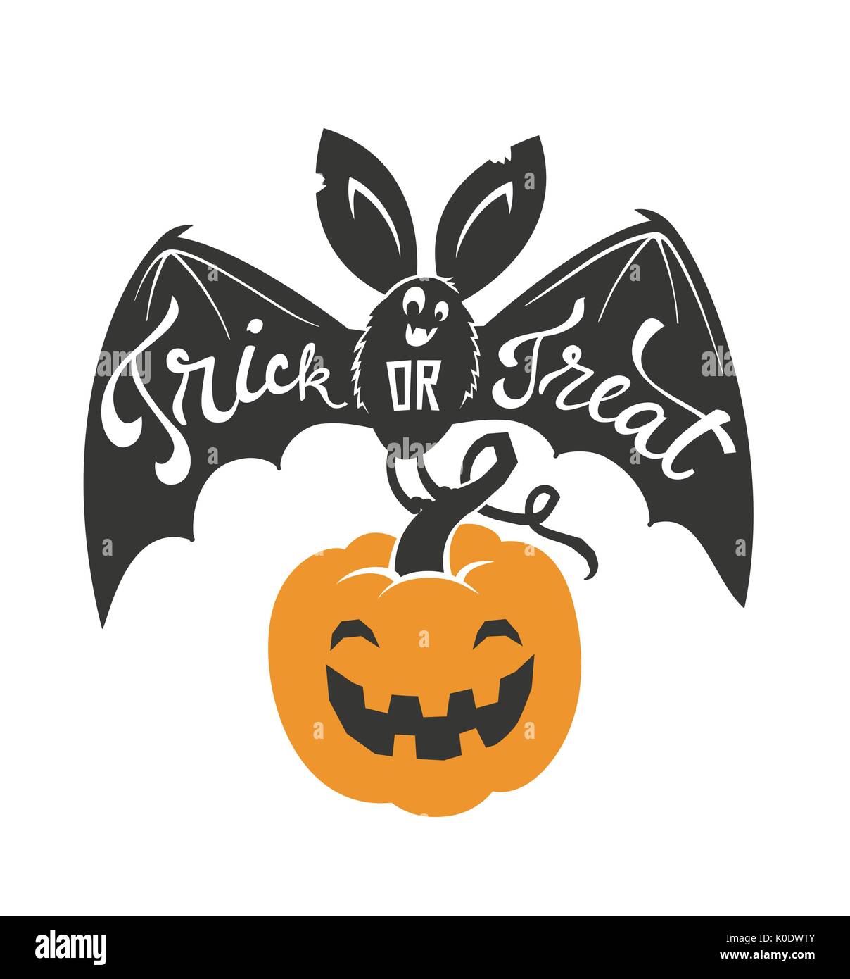 Cartoon flying bat with spread wings and Trick or Treat text written on it holding Halloween pumpkin lantern isolated on white background. Vector illustration for greeting card, party invitation. Stock Vector
