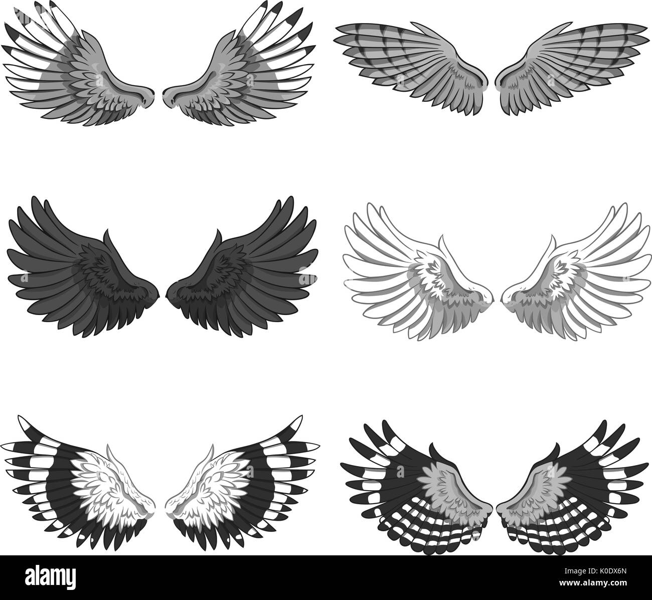 Collection of 6 pairs of elegant bird or angel spread wings isolated on white background. Symbol of flight and freedom. Monochrome vector illustration for logo, banner, advertisement, tattoo. Stock Vector