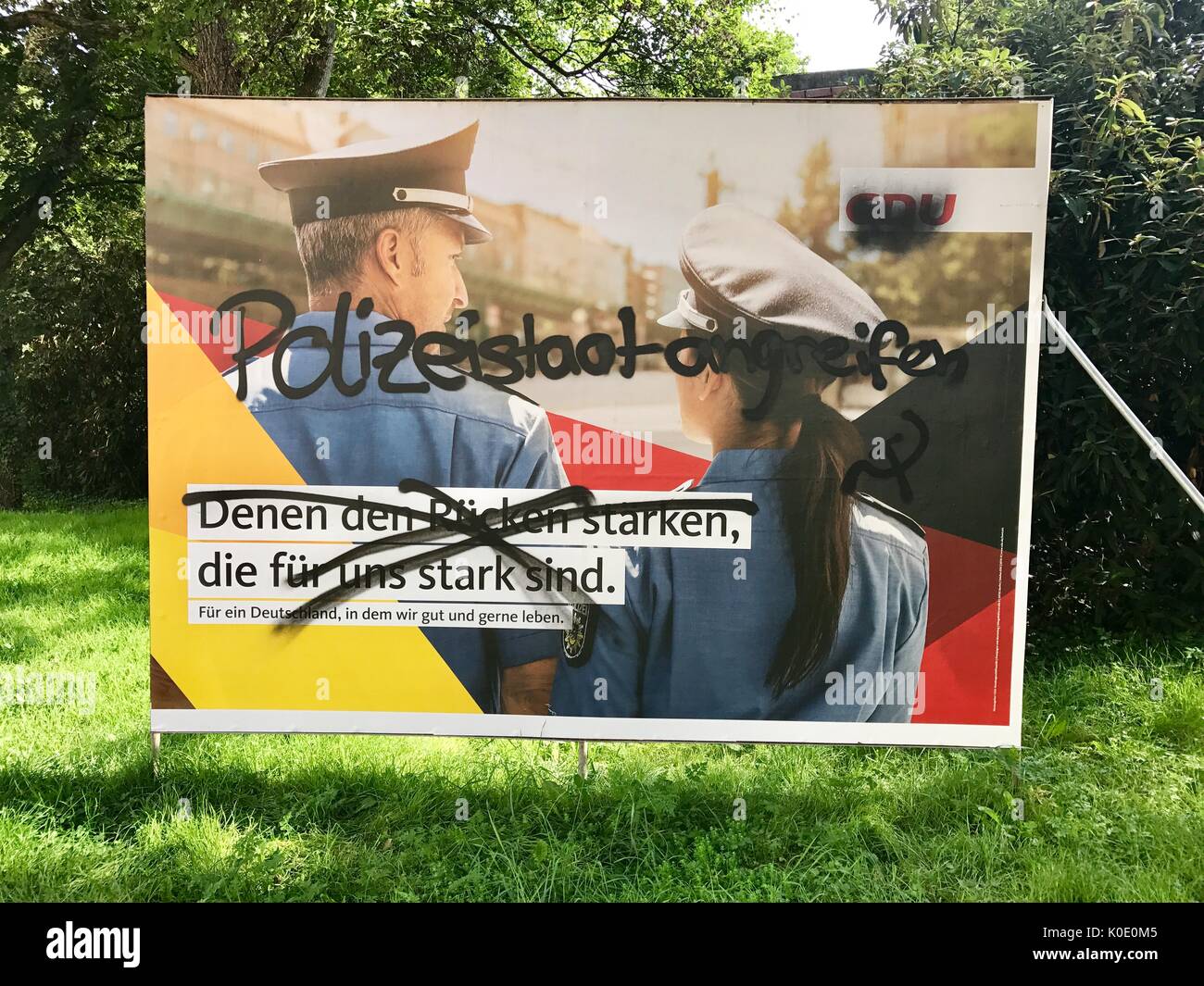 Vandalized CDU billboard for the German Parliamentary Elections Stock Photo