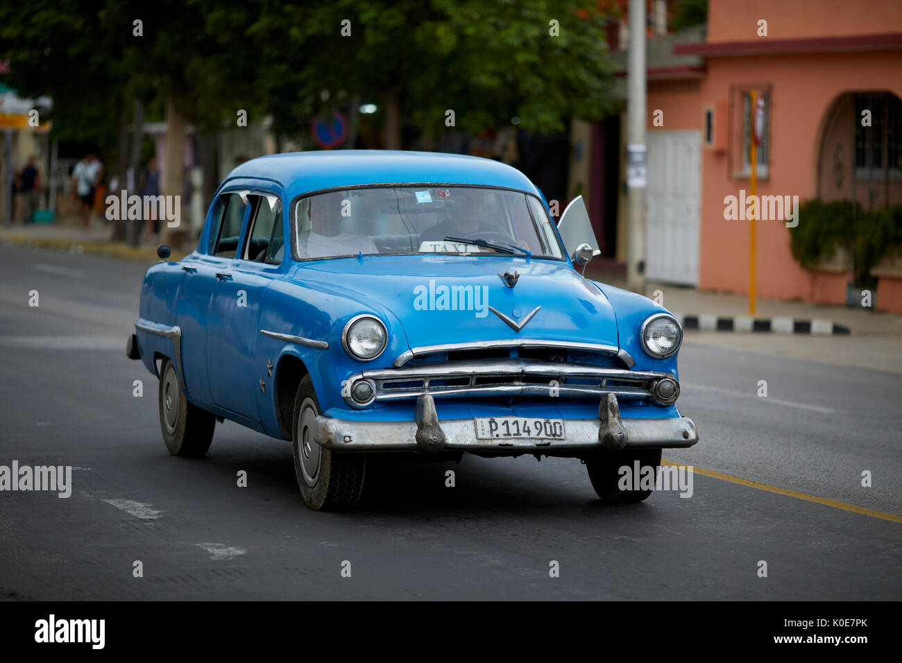 Cuban blue classic car taxi in Varadero, Cuba, a Caribbean island nation under communist rule Stock Photo