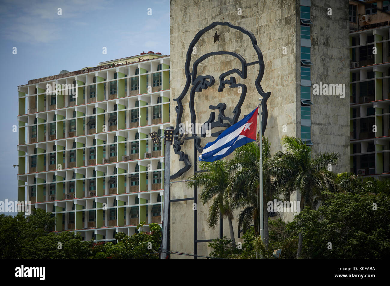 Cuban, cuba, Capital, Havana Revolution Square, close up of Ministry of the Interior  Plaza de la Revolución and  Che Guevara  depiction Stock Photo