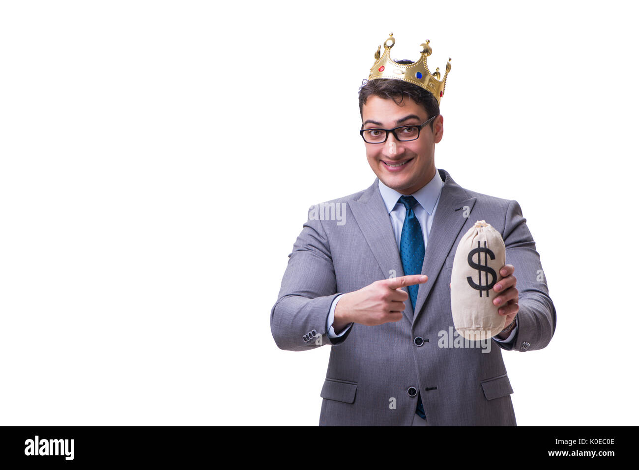 King businessman holding money bag isolated on white background Stock ...