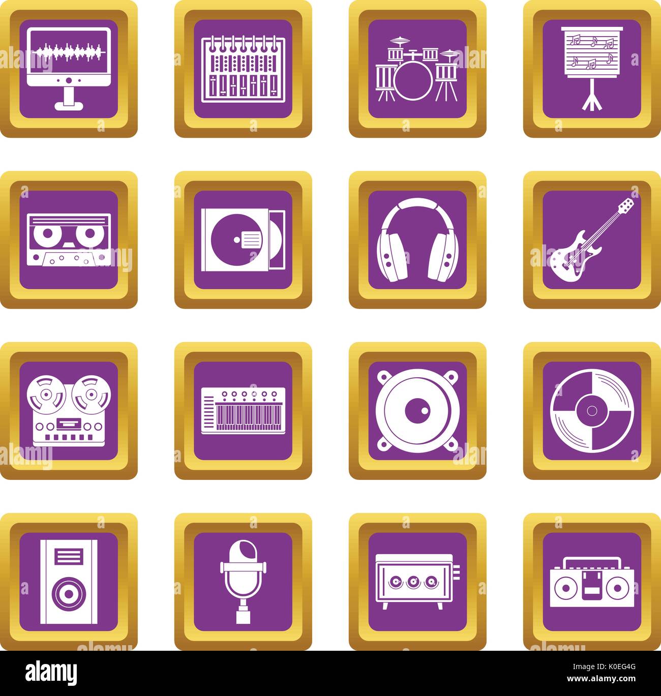 Recording studio items icons set purple Stock Vector