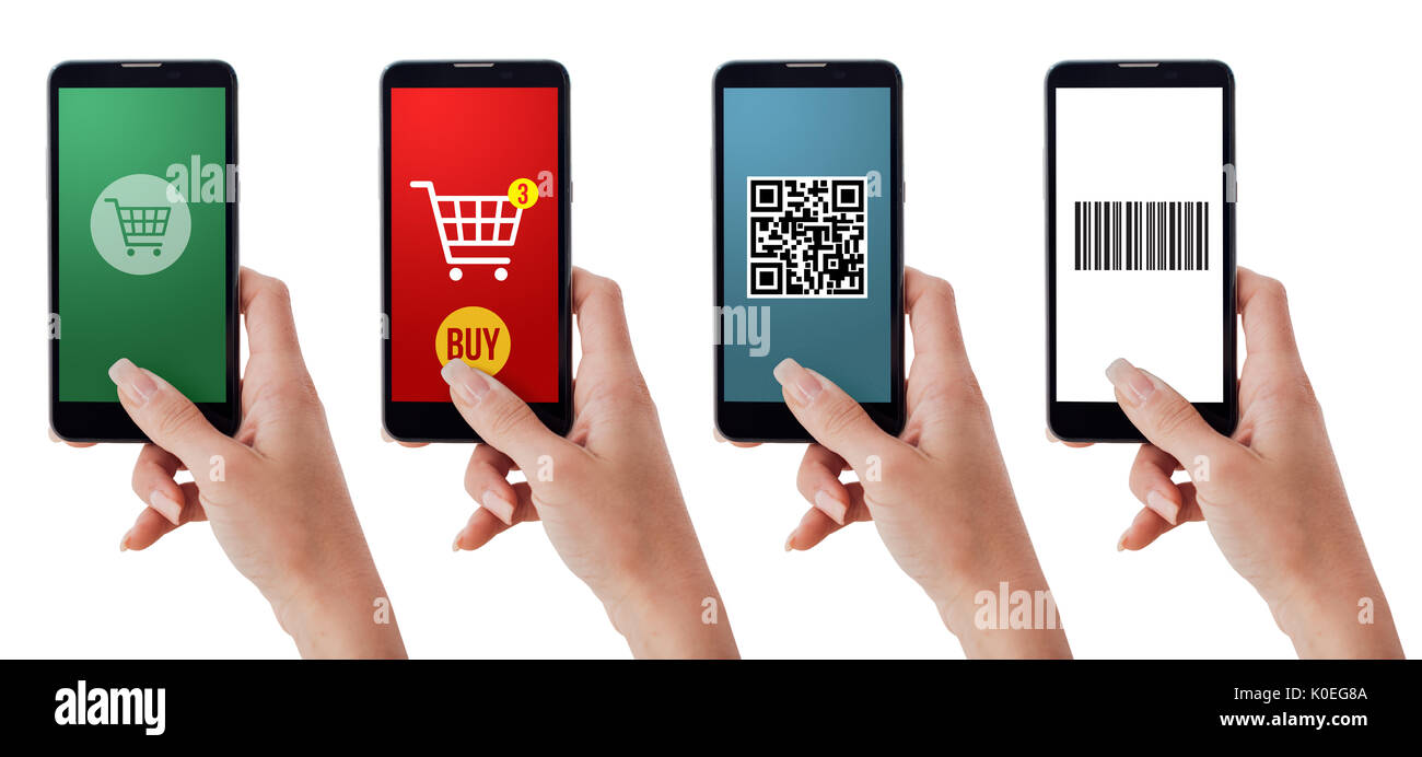 Set of female hands using shopping apps, barcode and qr code scanner on
