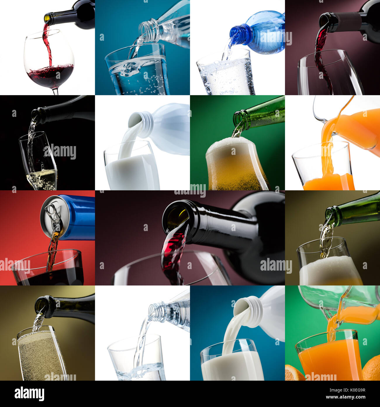 Pouring drinks into glasses photo collection mosaic: soft drink can, beer, wine, water, orange juice and milk Stock Photo
