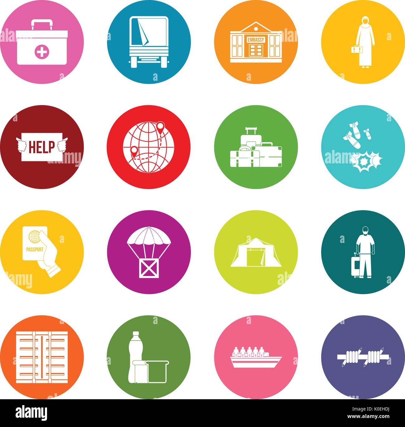 Refugees problem icons many colors set Stock Vector
