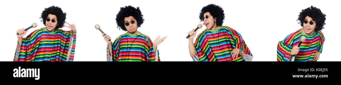 Funny mexican wearing poncho with maracas isolated on white Stock Photo