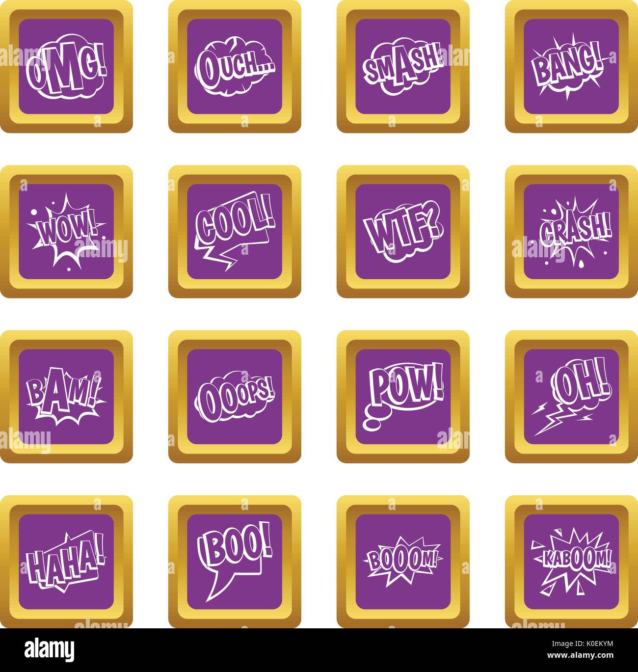 Comic colored sound icons set purple Stock Vector