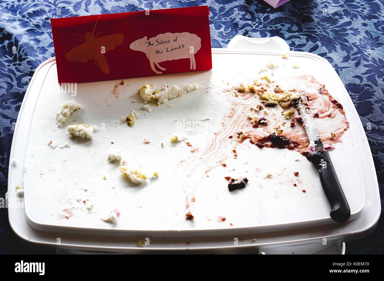 Remnants from a Silence of the Lambs cake at the 2014 Edible Book Festival, a literary cake competition for students on the Homewood campus of the Johns Hopkins University in Baltimore, Maryland, 2014. Courtesy Eric Chen. Stock Photo