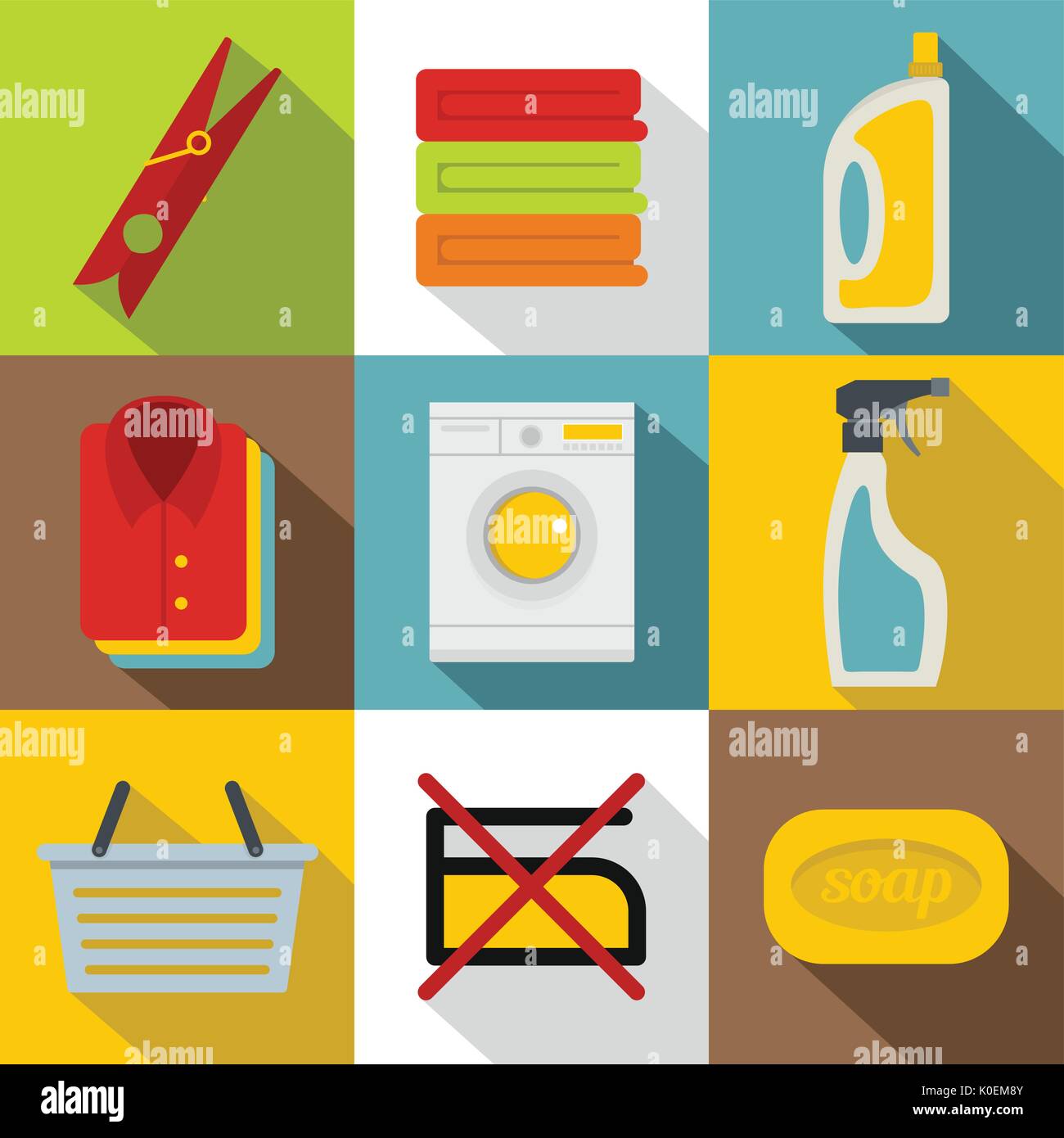 Washing clothes icons set, flat style Stock Vector