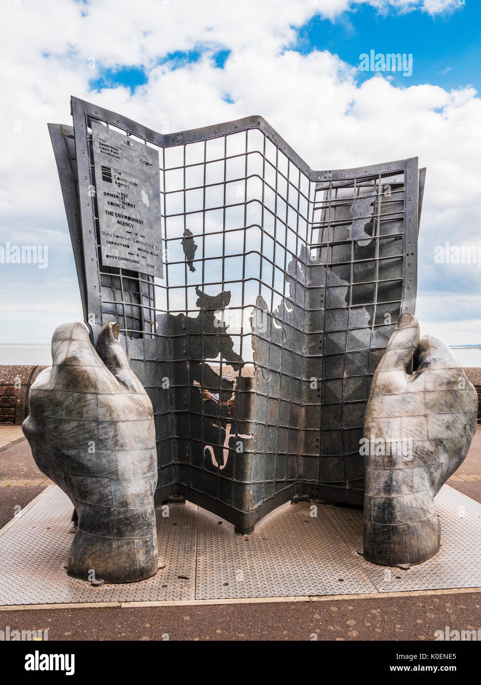 The bronze sculpture marking the start of the South West Coast Path on the Promenade at Minehead in Somerset. Stock Photo