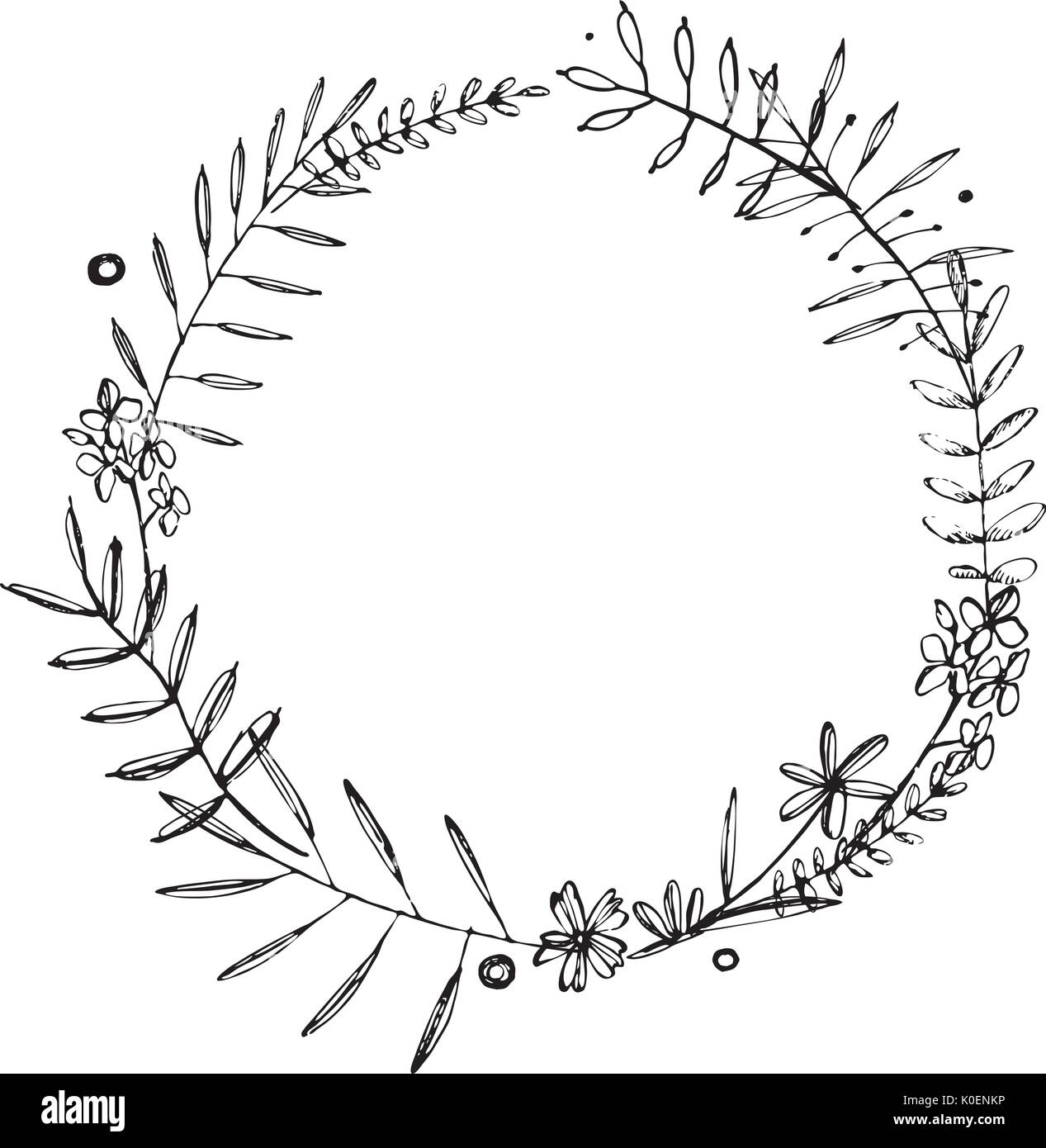 Hand drawn wreath of doodle flowers. Grafic summer floral elements. Stock Vector