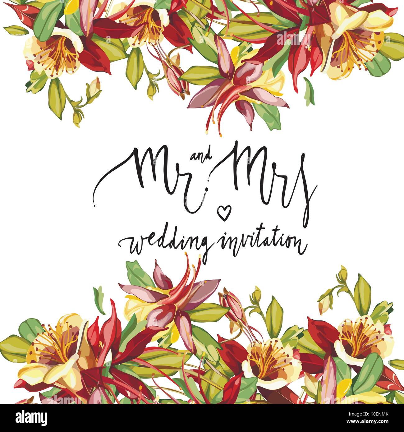 Floral Frame With Red Flowers On Light Background Greeting Card Or Template For Wedding S Day Design Lettering Mr And Mrs Wedding Invitation Stock Vector Image Art Alamy