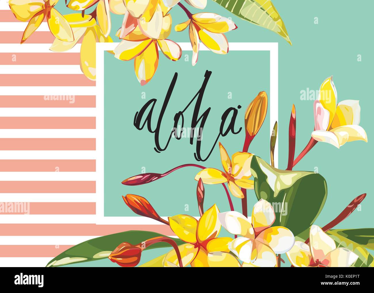Floral frame with Plumeria flowers on light background. Greeting card or template for wedding's Day design. Word- Aloha. EPS 10 Stock Vector