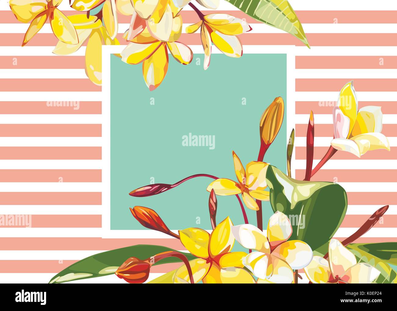 Floral frame with Plumeria flowers on light background. Greeting card or template for wedding's Day design. EPS 10 Stock Vector